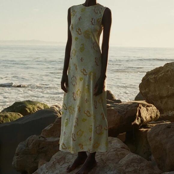 NWT Doen Chandra Silk Floral Bias Cut Sleeveless Midi Dress Citron Anemone Bloom